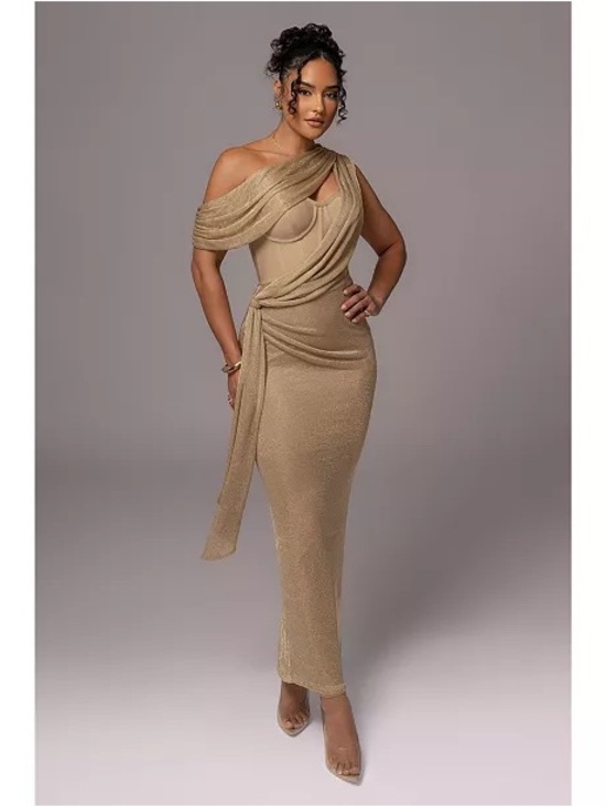 JLUXLABEL Dresses & Skirts - JLUXLABEL One-Shoulder Metallic Gold Draped Evening Gown